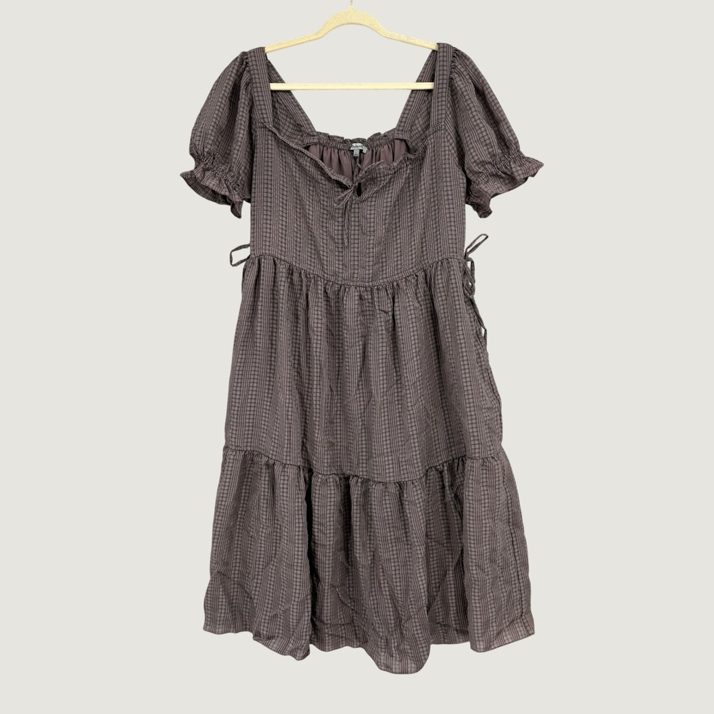 Madewell Square Neck Tiered Midi Dress Textured Seersucker Size L Gray Puff Slv
